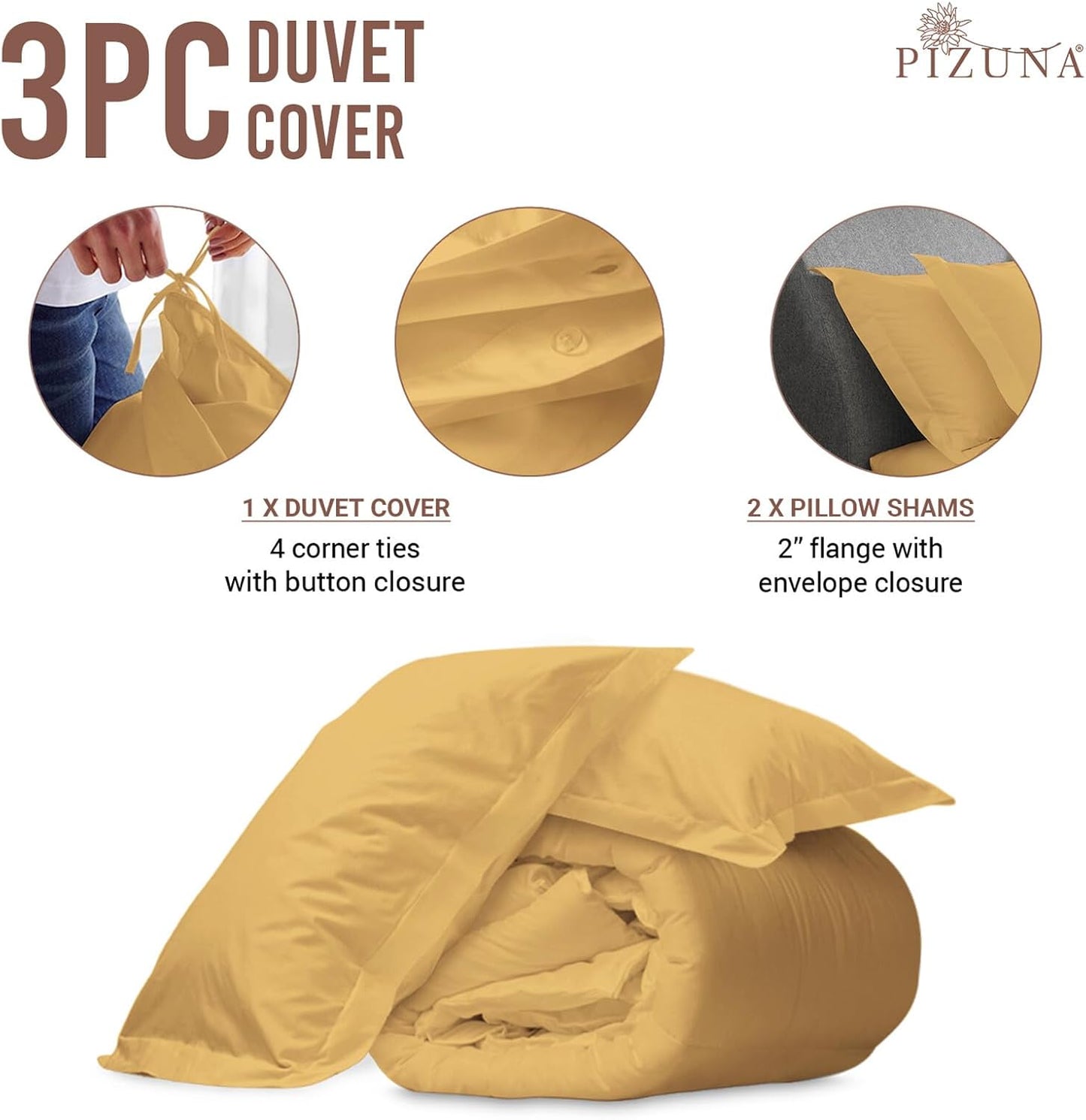 Pizuna Cotton Full Size Duvet Cover Golden Yellow, 400 Thread Count 100% Long Staple Combed Cotton Sateen Weave Full Duvet Cover with Button Closure (Golden Yellow Duvet Cover Full Cotton - 3PC)