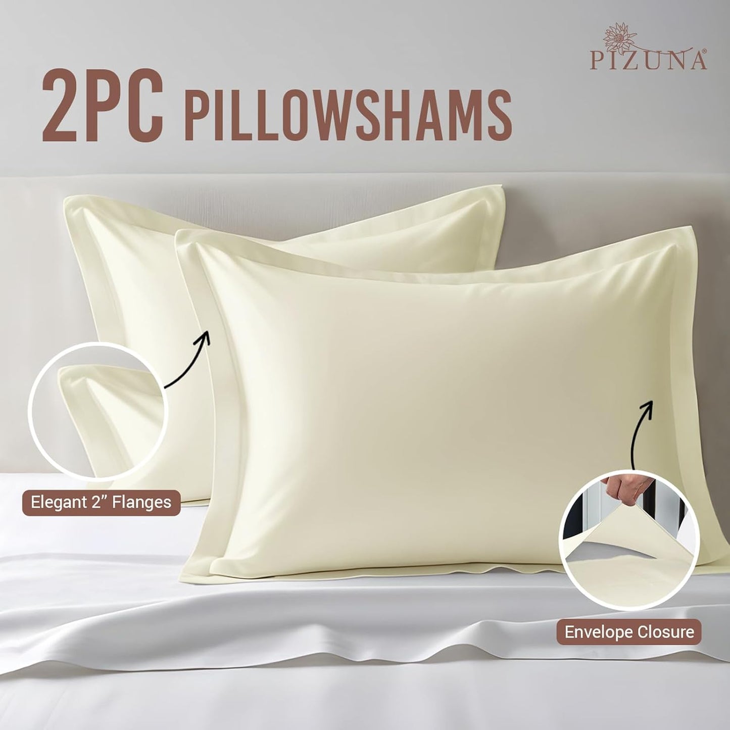 Pizuna Cotton Queen Pillow Sham Off White, 400 Thread Count 100% Long Staple Combed Cotton Sateen Weave Cooling Soft Pillow Covers Queen Size (Off White Queen Size Pillow Sham - 2PC)