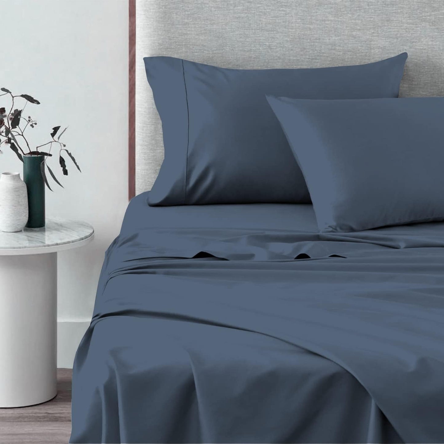 Pizuna Pure 100% Cotton Sheets Split King Size, 600 Thread Count Long Staple Cotton Crisp Sateen Sheets Split King with 15" Deep Pocket (Combed Black Cotton Sheets Split King)