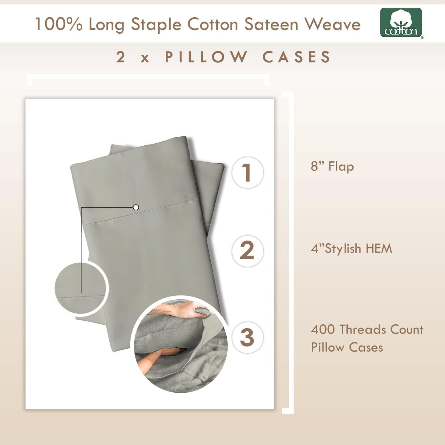 Pizuna 400 Thread Count Cotton-Envelope-Pillow-Cover Queen-Size 2 Pack Silver, 100% Long Staple Cotton Soft Sateen Weave Pillow-Covers-with-8inch-Flap