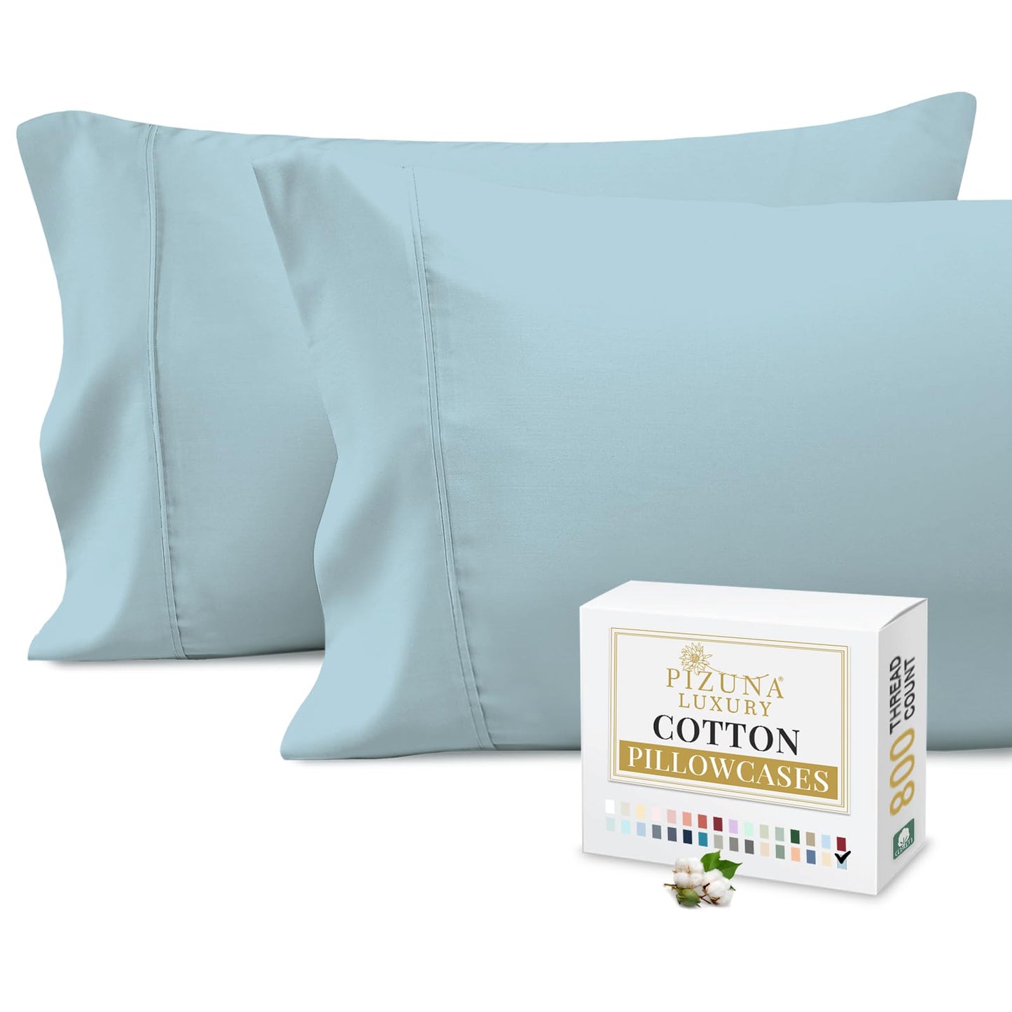 Pizuna Pure 100% Cotton Pillow Cases King Size Set of 2 Baby Blue, 800 Thread Count Long Staple Cotton Thick Sateen with Stylish 4inch Hem (Combed Baby Blue Cotton Pillow Cases King)