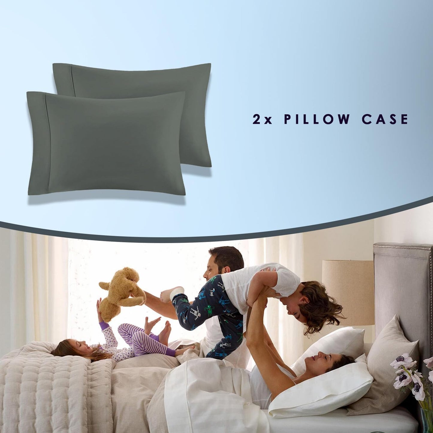 Pizuna Pure 100% Luxury Cotton King Size Pillow Case Grey Dark, 1000 Thread Count 100% Long Staple Cotton Sateen Pillowcase, Pillow Covers with Stylish 4" Hem (Combed Cotton King Pillowcase)
