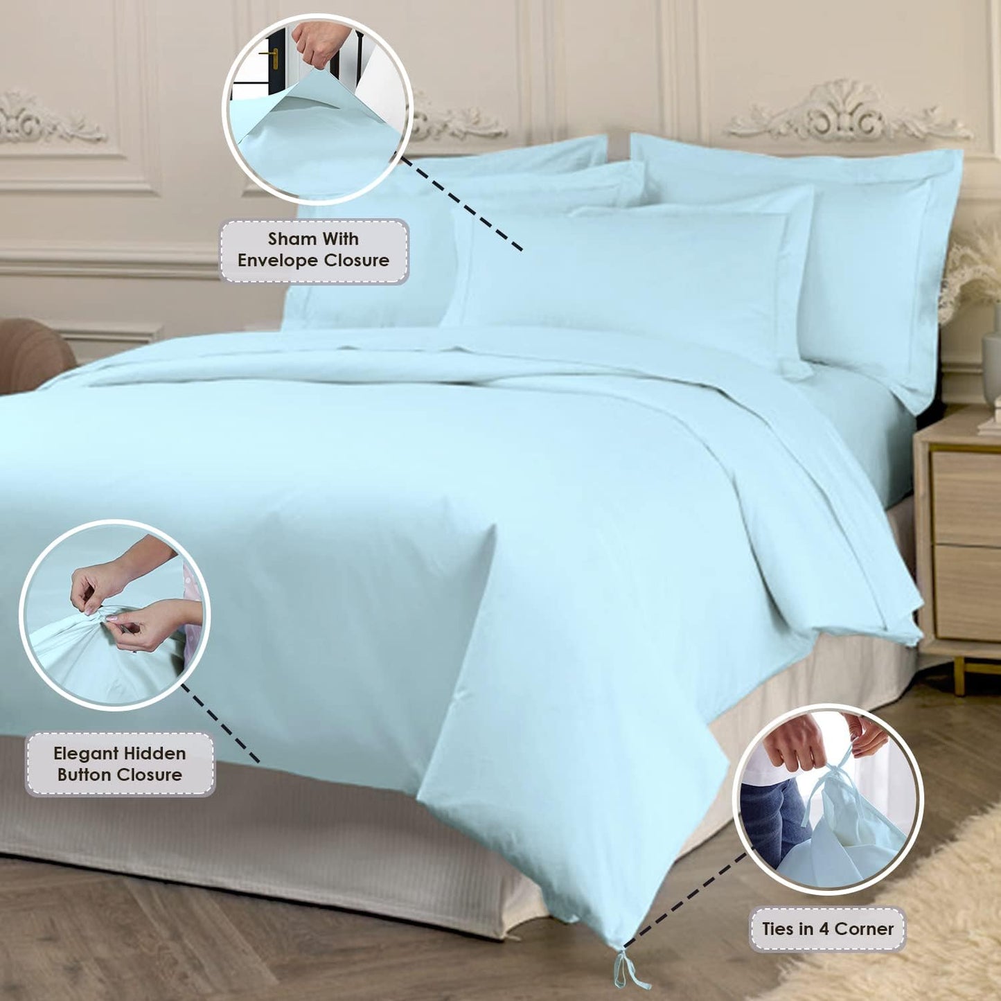 Pizuna 800 Thread Count Queen-Duvet-Cover-Set Baby Blue, 100% Long Staple Cotton Duvet Set Smooth Sateen Queen Size Bedding-Sets with Botton Closure (100% Cotton Birch Ivory Duvet Cover Queen)