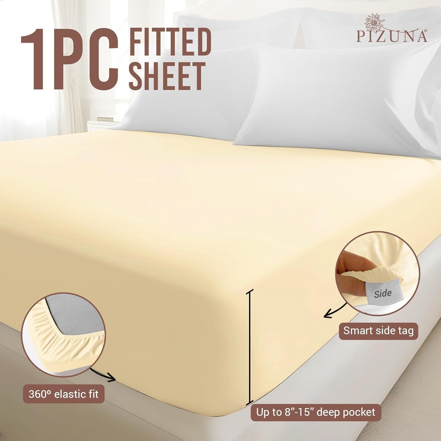 Pizuna Cotton Twin Fitted Sheet Cream, 400 Thread Count 100% Long Staple Combed Cotton Sateen Weave 15 inch Deep Pocket Twin Sheets (Cream Twin Size Fitted Sheet -1PC)