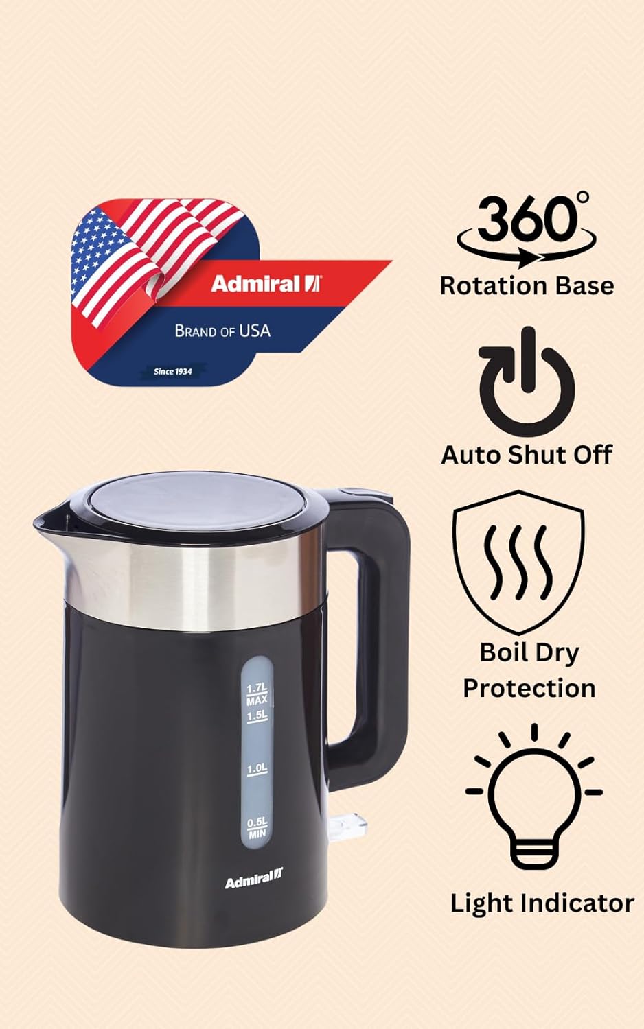 Admiral Electric Kettle, 2200W Power, 1.7L,with Boil Dry Protection, Auto Lid Open & Auto Shut Off Function, Perfect for Beverages, 1 Year Warranty, Black, ADBK17P.