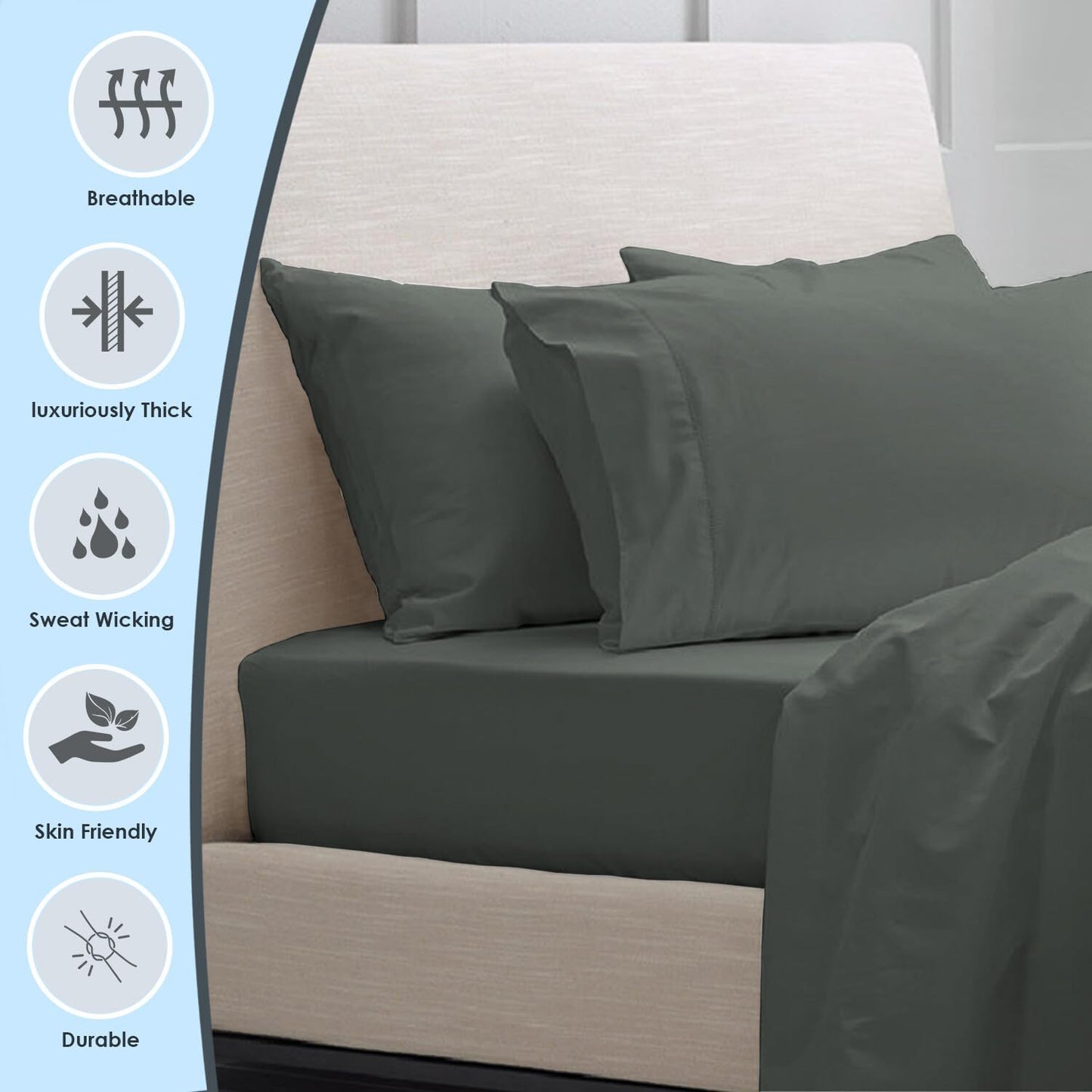 Pizuna Pure 100% Luxury Cotton King Size Pillow Case Grey Dark, 1000 Thread Count 100% Long Staple Cotton Sateen Pillowcase, Pillow Covers with Stylish 4" Hem (Combed Cotton King Pillowcase)