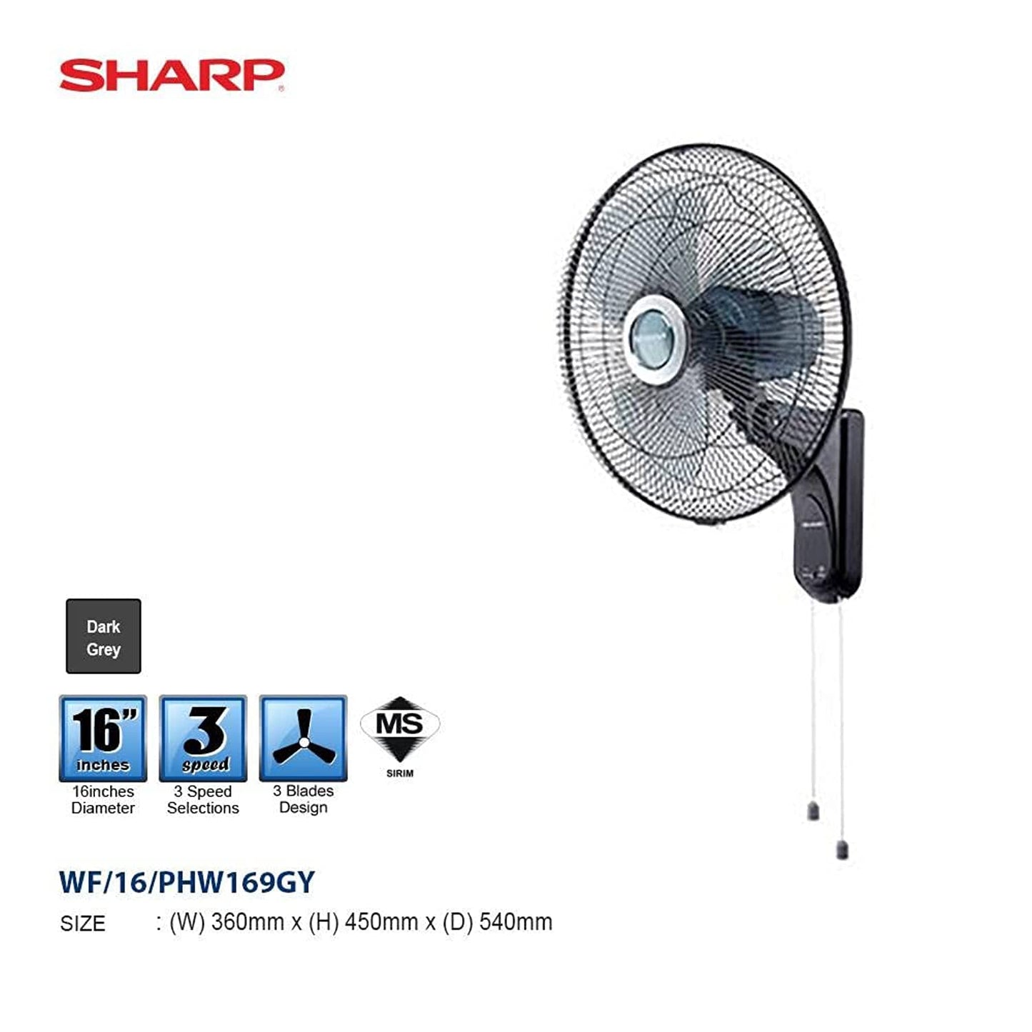 Sharp 16 Inches/40cms Blade 50 Watts Pedestal Free Standing Fan, Made In Malaysia, Pjs169 - Dark Grey"Min 1 year manufacturer warranty"