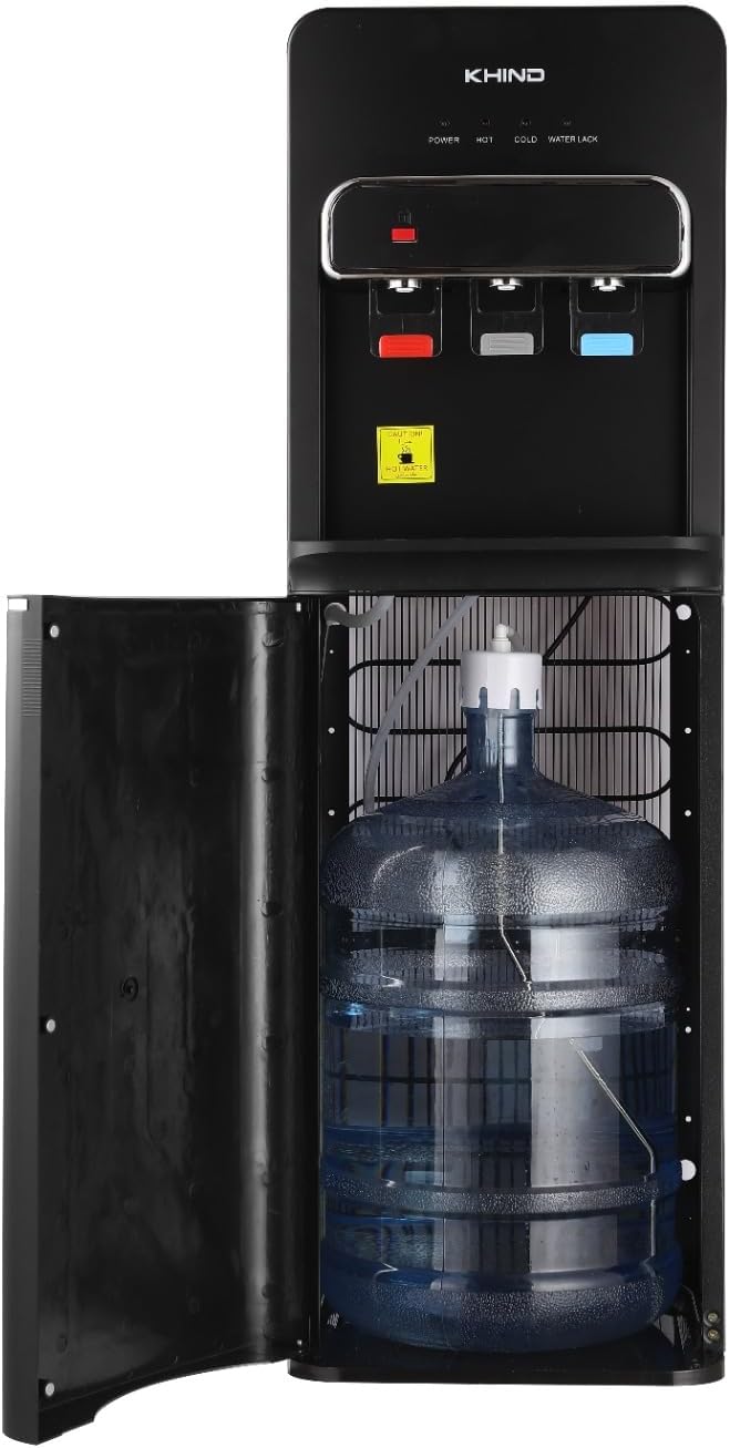 KHIND 7 Liters Freestanding Water Dispenser with Auto Suction Pump, Hot, Normal, & Cold Water Dispensing, Bottom Load, Child Lock, Intelligent Indicator Lights, Black - WD-3BP- Made In China