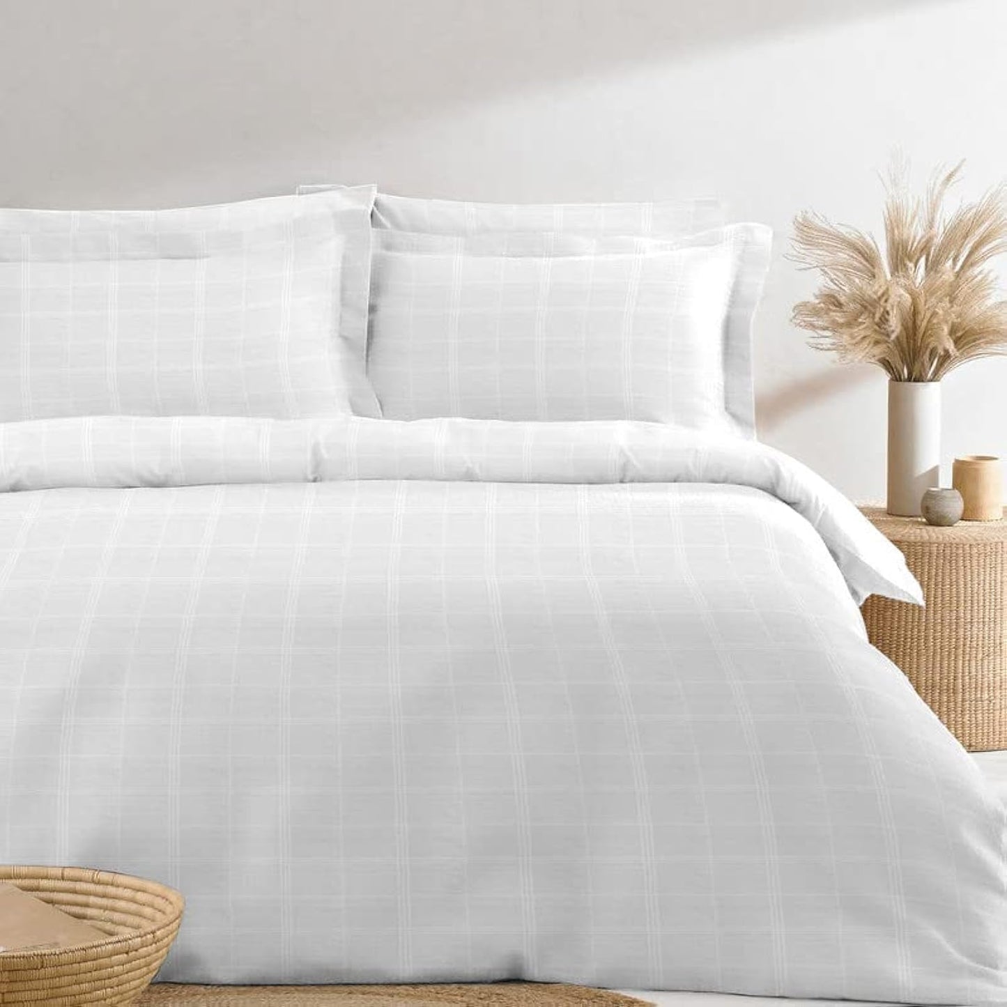 Pizuna Cotton Full Duvet Cover Set, 300 Thread Count Long Staple Cotton Sateen Weave with Button Closure (Combed Checks Luxury Red Cotton Duvet Cover Full)
