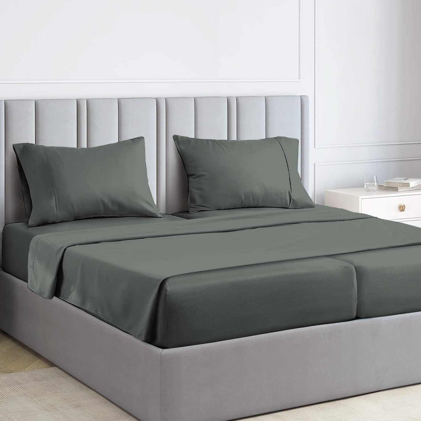 Pizuna Pure 100% Luxury Cotton Full Size Bed Sheets Set Dark Grey, 1000 Thread Count Long Staple Cotton Sateen Thick Sheet & Pillowcase Set, Deep Sheets fits 15" (Combed Cotton Bed Sheets Set)