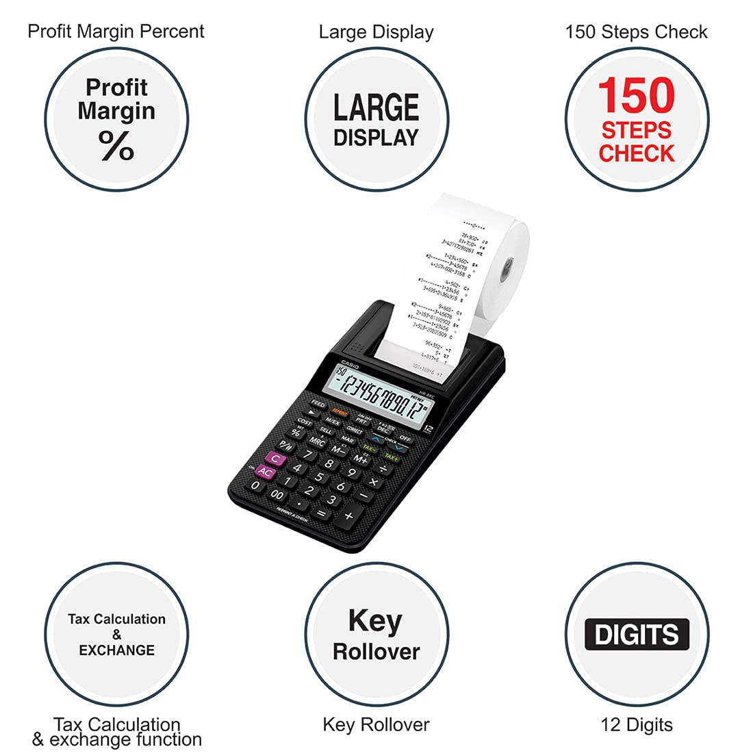 Casio HR8RCBK Mini Printing Calculator, Black