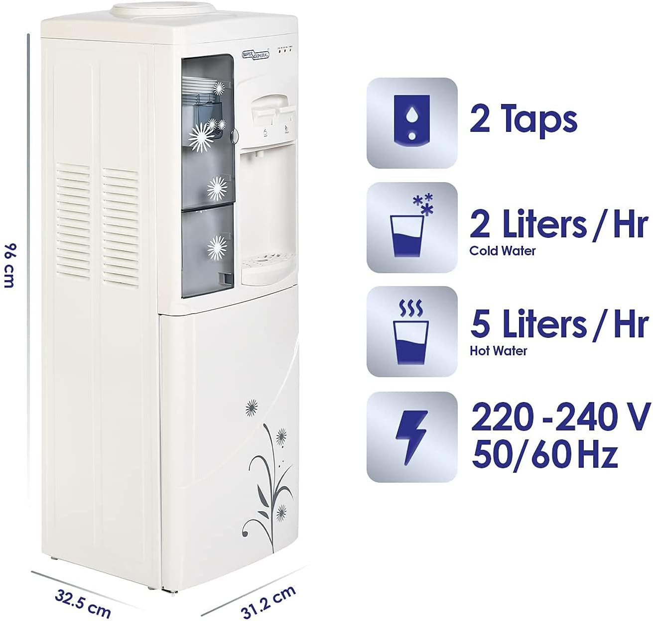 Super General Hot and Cold Water Dispenser, Water-Cooler with Cooling Cabinet and Cup-Holder, Instant-Hot-Water, 2 Taps, SGL-1191, White/Grey, 31.2 x 32.5 x 96 cm, 1 Year Warranty