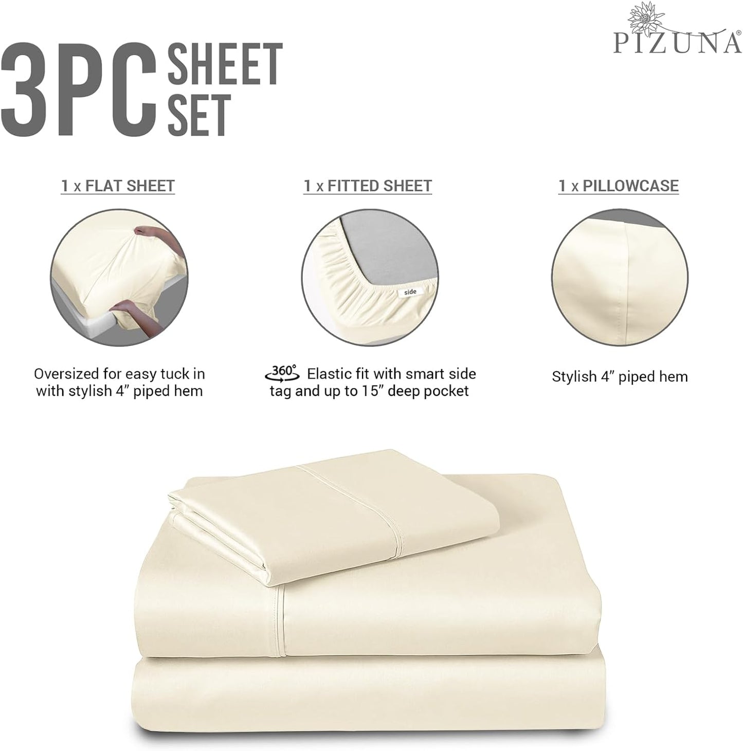 Pizuna Pure 100% Cotton Sheets Split King Size, 600 Thread Count Long Staple Cotton Crisp Sateen Sheets Split King with 15" Deep Pocket (Combed Black Cotton Sheets Split King)