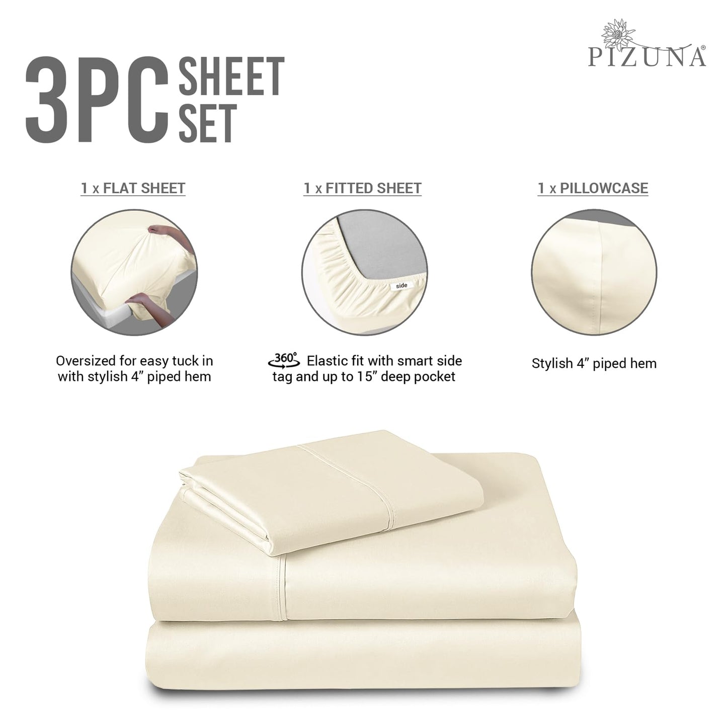 Pizuna 100% Cotton Sheet Set Twin Size Baby Blue, 600 Thread Count Long Staple Cotton Sateen Weave Crisp Sheet & Pillowcase Set, Deep Pocket Sheets Fits 15" (Combed Cotton Bed Sheet Set -3PC)