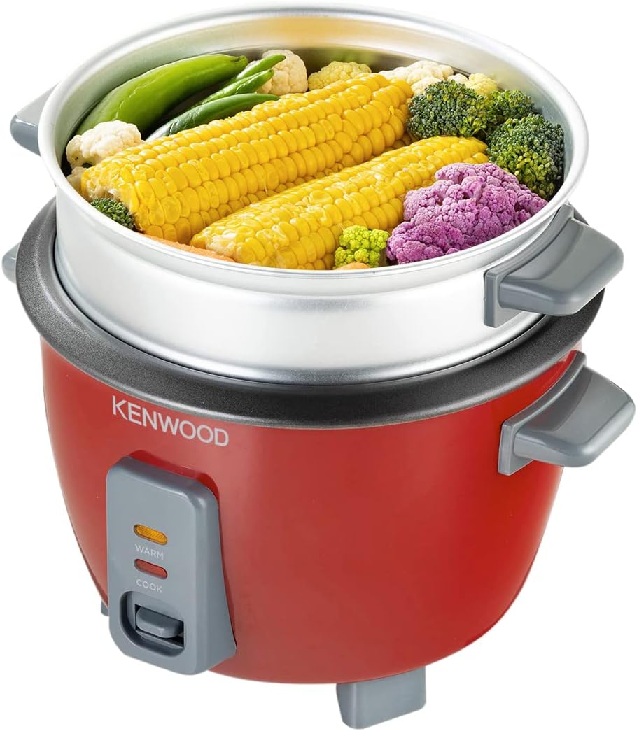 KENWOOD 2-in-1 Rice Cooker 0.6L 3-Cups Rice with Food Steamer Basket, Non-Stick Cooking Pot, Temepered Glass Lid, Warm/Cook Lights, Spatula Holder, Detachable Cord RCM30.000RD Red