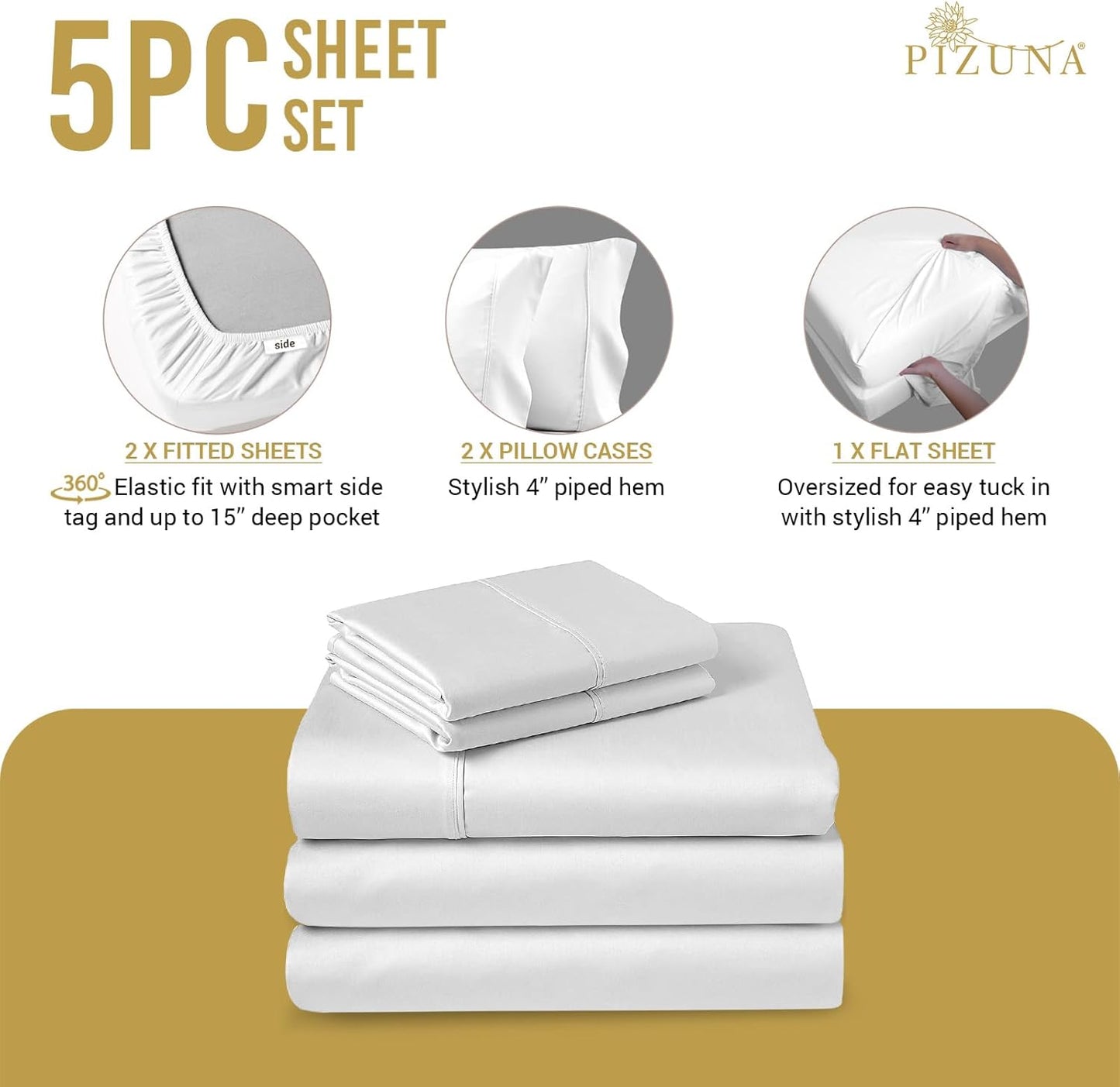 Pizuna Pure 100% Cotton Sheets Full Size, 800 Thread Count Long Staple Cotton Crisp Sateen Sheets Full with 15in Deep Pocket (Combed Simply Taupe)