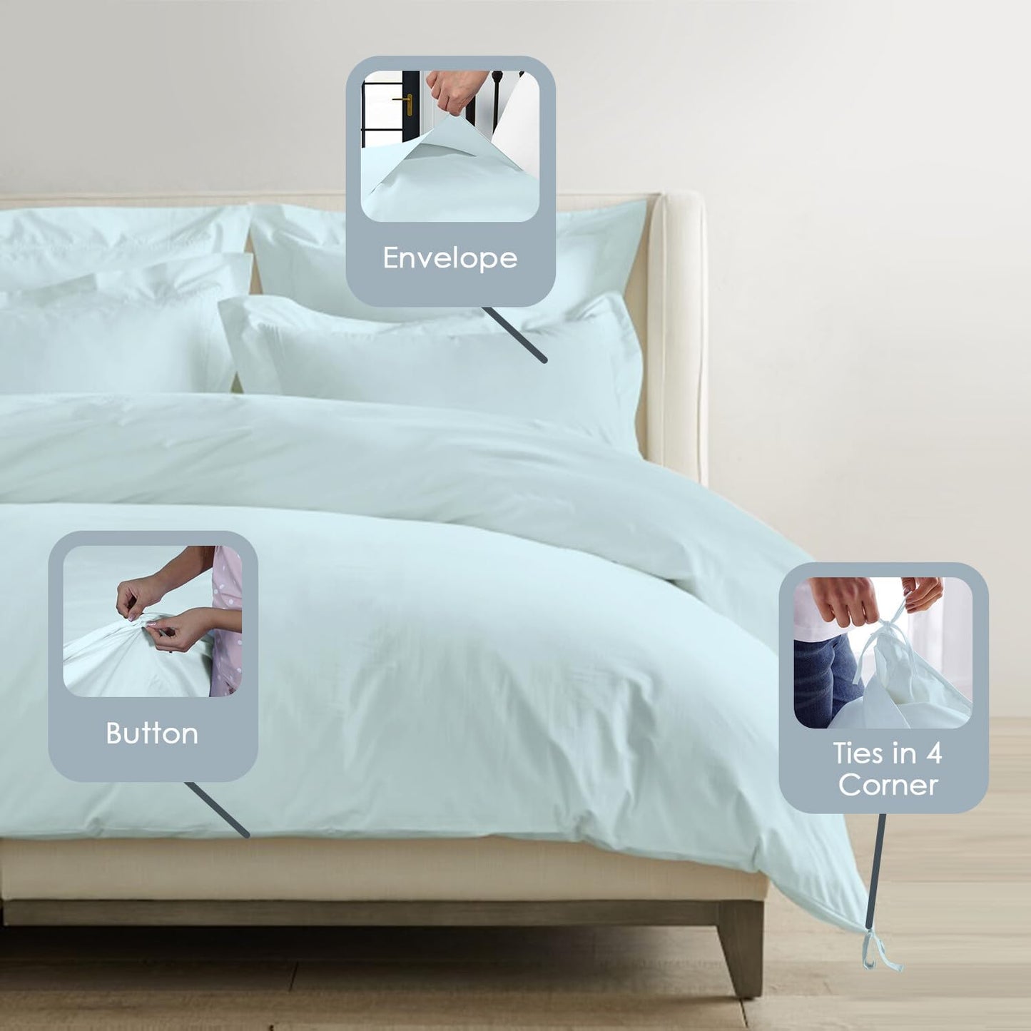 Pizuna Pure 100% Cotton King Duvet Cover Set, 1000 Thread Count Long Staple Cotton Thick Sateen Weave with Button Closure (Combed Baby Blue Cotton Duvet Cover King)