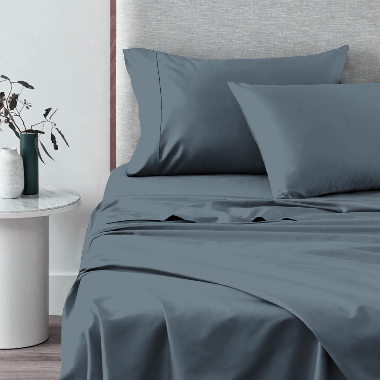 Pizuna Pure 100% Cotton Sheets Split King Size, 600 Thread Count Long Staple Cotton Crisp Sateen Sheets Split King with 15" Deep Pocket (Combed Black Cotton Sheets Split King)