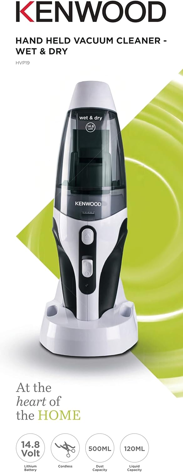 Kenwood Wet & Dry Cordless Handheld Vacuum Cleaner With 14.8V Lithium-Ion Battery, 500ml Dust Capacity, 120ml Liquid Capacity For Home, Office And Car Hvp19.000Si Black/Silver