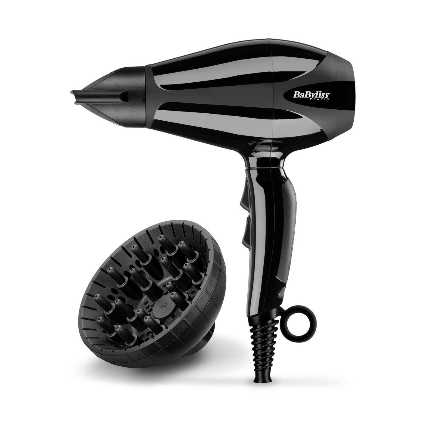 BaByliss Compact Pro 2400 Hair Dryer AC, Italian Made For Quality & Long-lasting Performance, Ultra-slim Nozzle With Ionic Frizz Control Technology, Portable Dryer With Diffuser, 6715DSDE (Black)