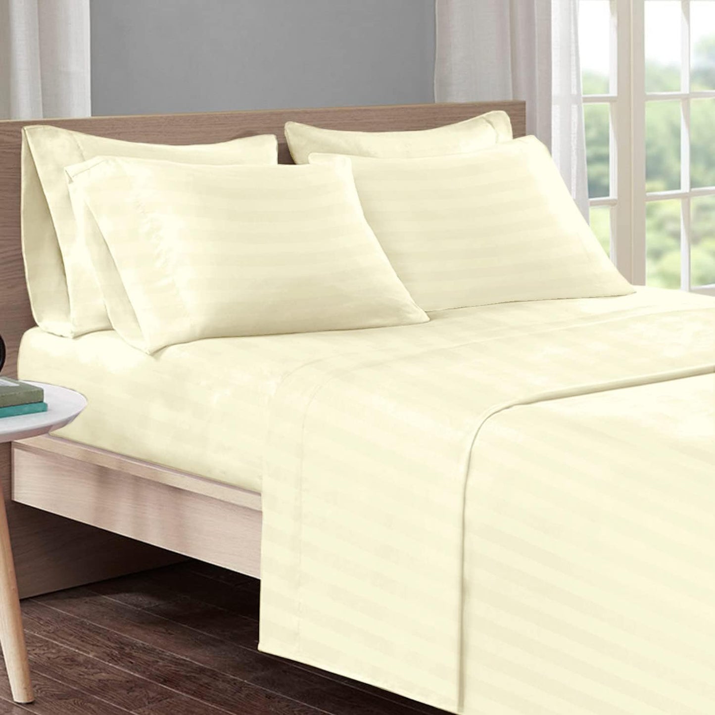 Pizuna Dobby Striped Twin Cotton Sheets Set Cream, 300 Thread Count Long Staple Twin Damask Sheets, Combed Cotton Sateen Sheets, 15 Inch Deep Pocket Twin Sheets Set (Cream Striped 100% Cotton Sheets)