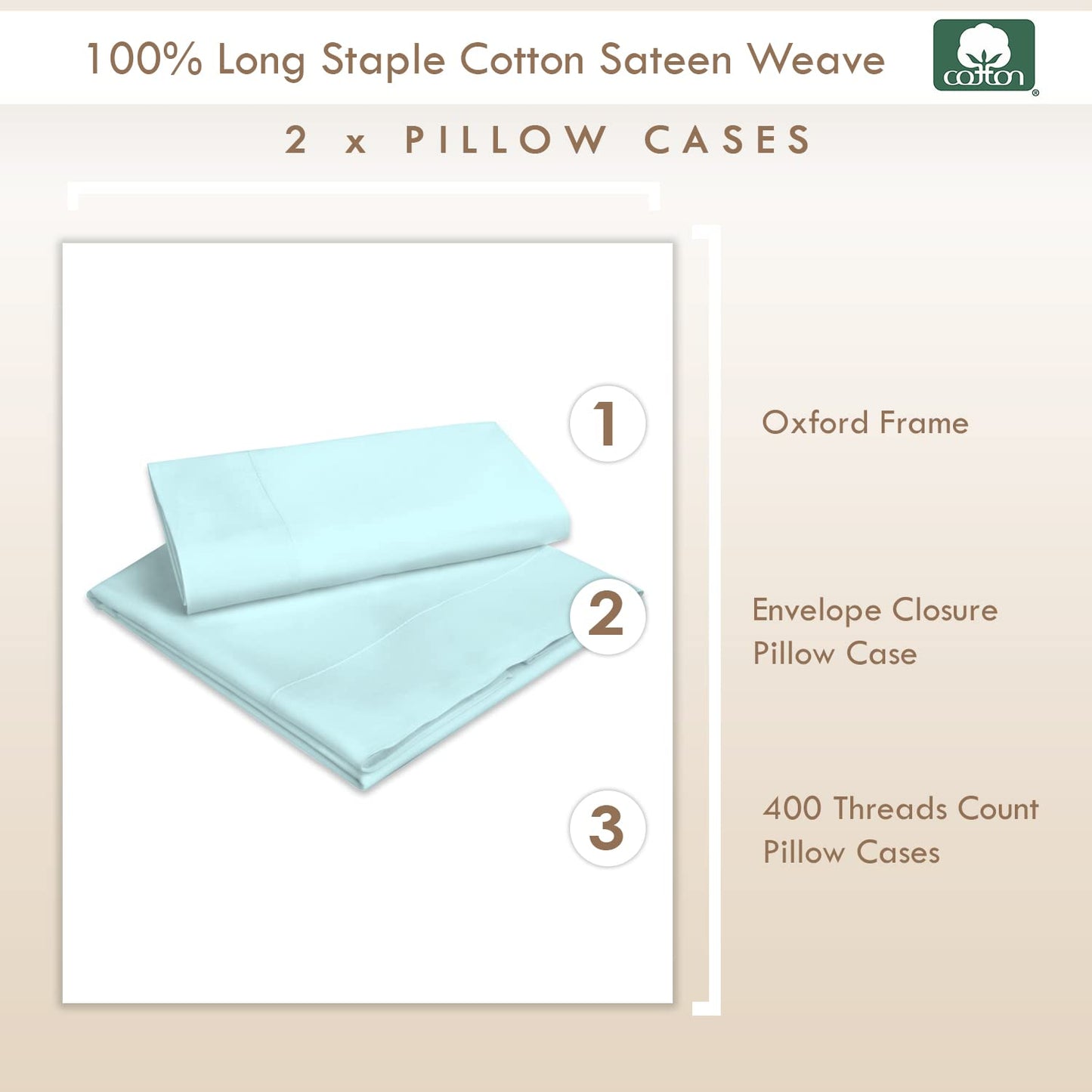 Pizuna Pure 100% Cotton Pillow Shams King Size Set of 2 Baby Blue, Luxurious 400 Thread Count Long Staple Cotton Sateen with Envelope Closure (Combed Baby Blue Cotton Pillow Shams King)