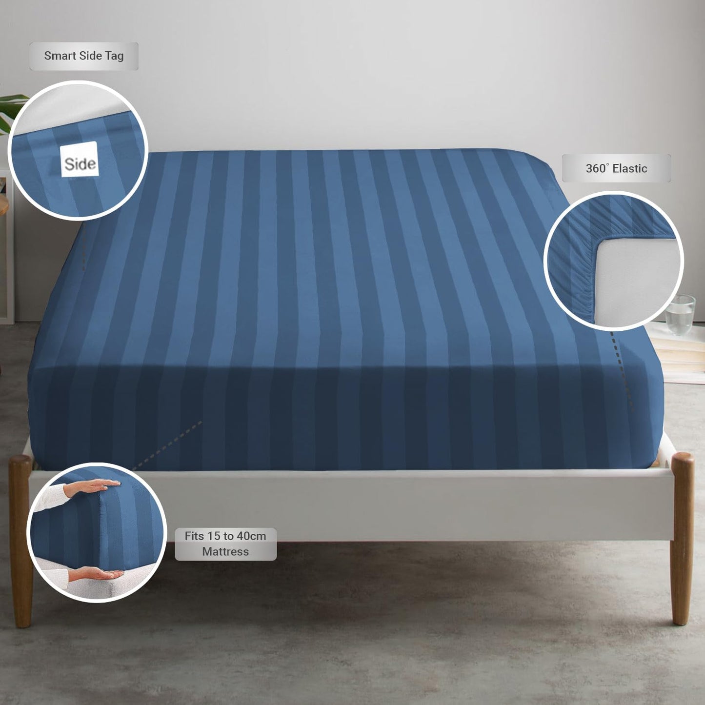 Pizuna 300 Thread Count Cotton King Fitted Sheets Blue 1pc, 100% Long Staple Pure Cotton, Smooth Sateen Fitted Sheet Bed fit Upto 15 inch Deep Pockets (Blue 100% Cotton Deep Fitted Sheets King)
