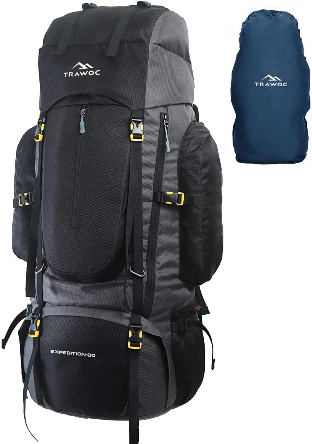 TRAWOC 80L Travel Backpack Camping Hiking Rucksack Trekking Bag with Water Proof Rain Cover/Shoe Compartment, BHK001