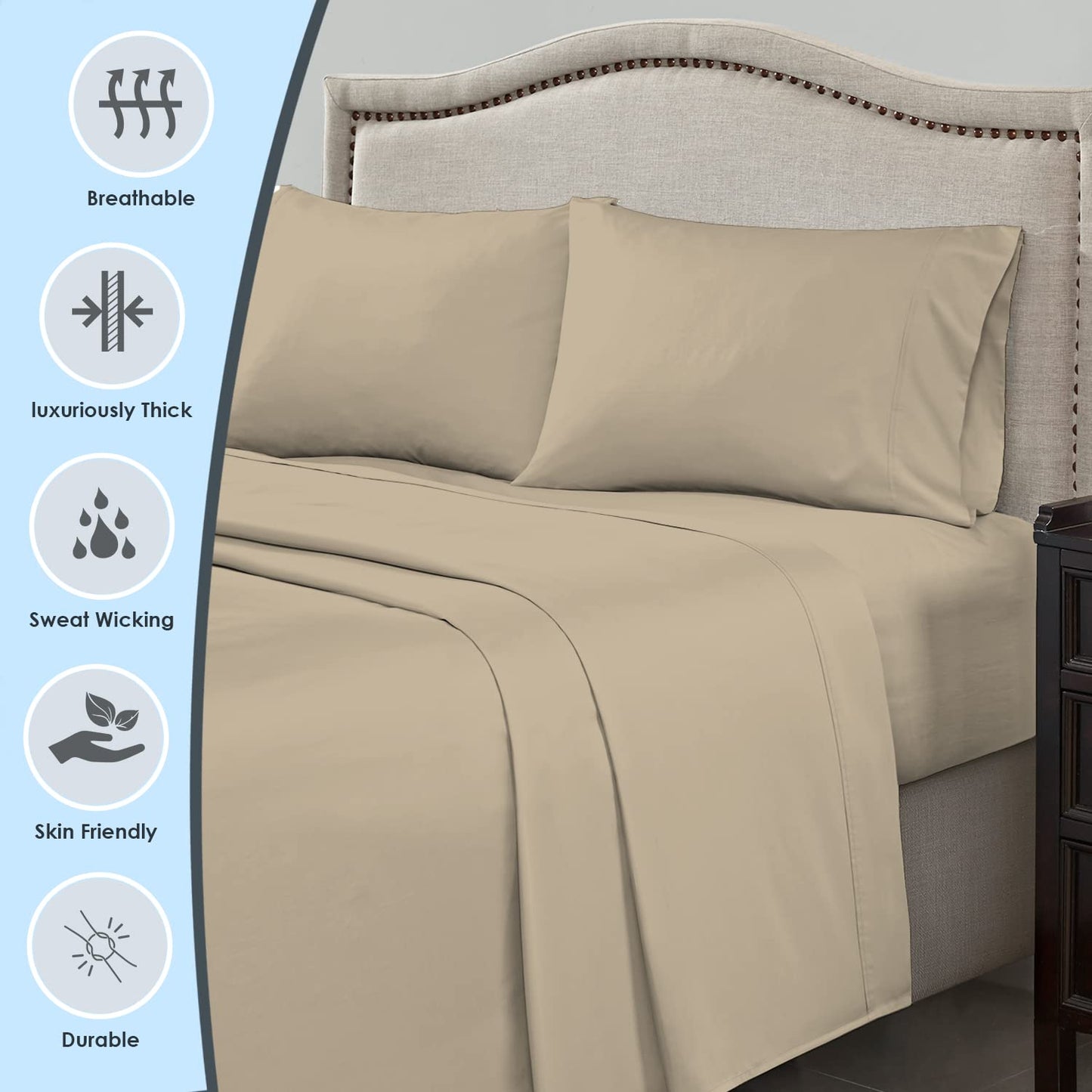 Pizuna Pure 100% Luxury Cotton Full Size Bed Sheets Set Dark Grey, 1000 Thread Count Long Staple Cotton Sateen Thick Sheet & Pillowcase Set, Deep Sheets fits 15" (Combed Cotton Bed Sheets Set)