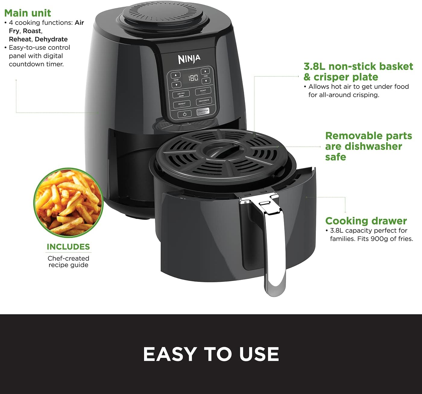 Ninja Air Fryer Af100, Roast, Reheat, Dehydrate, 3.8 L, 1550 Watts, Grey And Black"Min 1 year manufacturer warranty"
