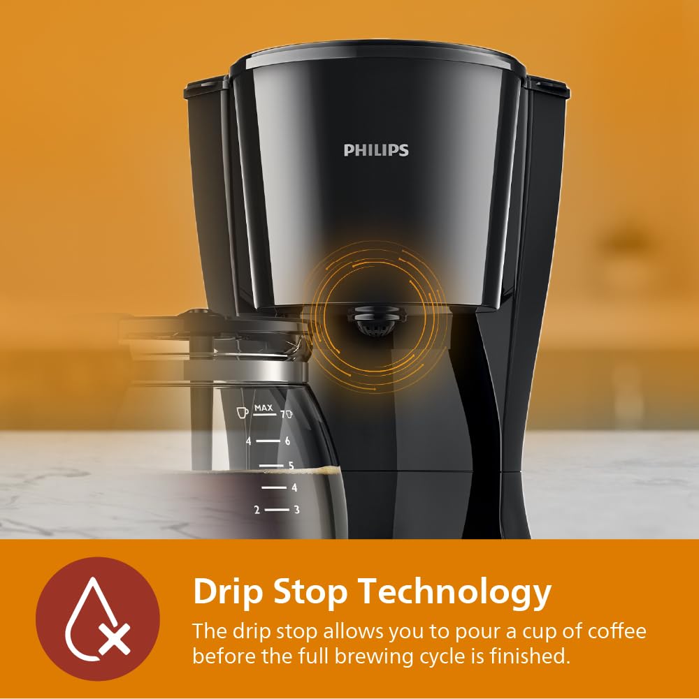 PHILIPS Drip Coffee Maker HD7432/20, 0.6 L, Ideal for 2-7 cups, Black, Medium