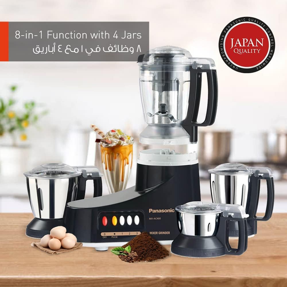 Panasonic Super Mixer Grinder, 1000W, Mx-Ac400, Black, 3 Stainless Steel Jars, 1 Juicer Jar
