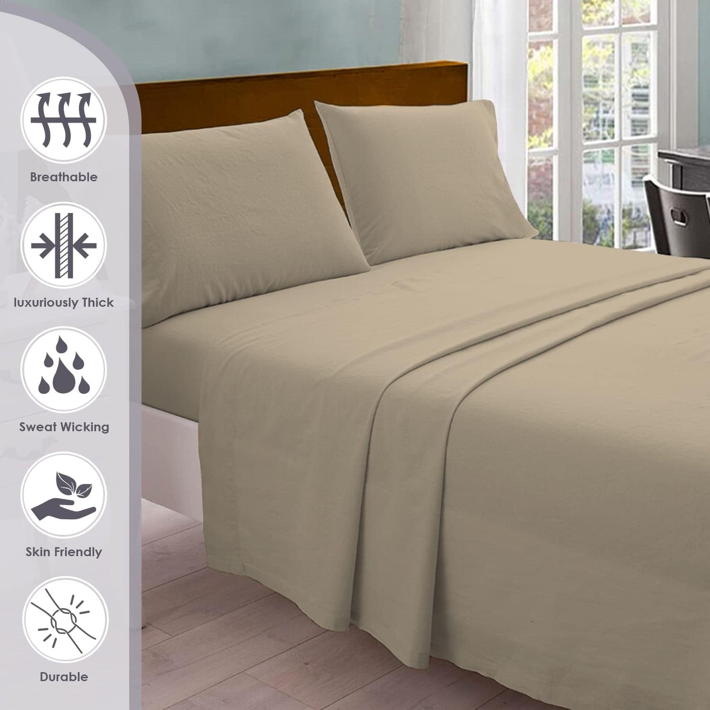 Pizuna Pure 100% Cotton Sheets Full Size, 800 Thread Count Long Staple Cotton Crisp Sateen Sheets Full with 15in Deep Pocket (Combed Simply Taupe)