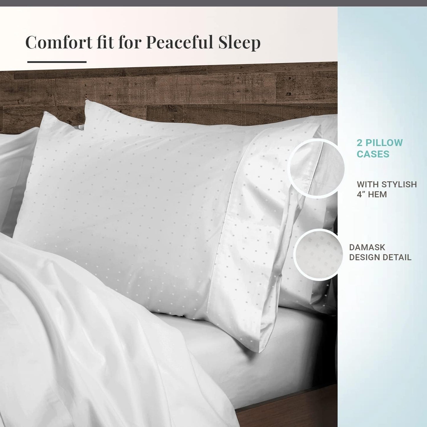 Pizuna Pure 100% Cotton Queen Size Pillow Case White Damask Stripe, 600 Thread Count Long Staple Cotton Sateen Pillowcase, Hotel Pillow Covers with Stylish 4" Hem (Combed Cotton King Pillowcase Set)