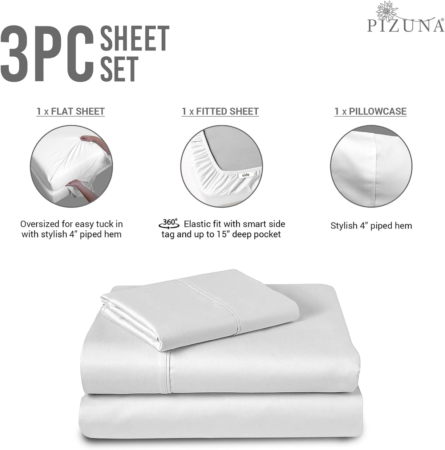 Pizuna Pure 100% Cotton Sheets Split King Size, 600 Thread Count Long Staple Cotton Crisp Sateen Sheets Split King with 15" Deep Pocket (Combed Black Cotton Sheets Split King)