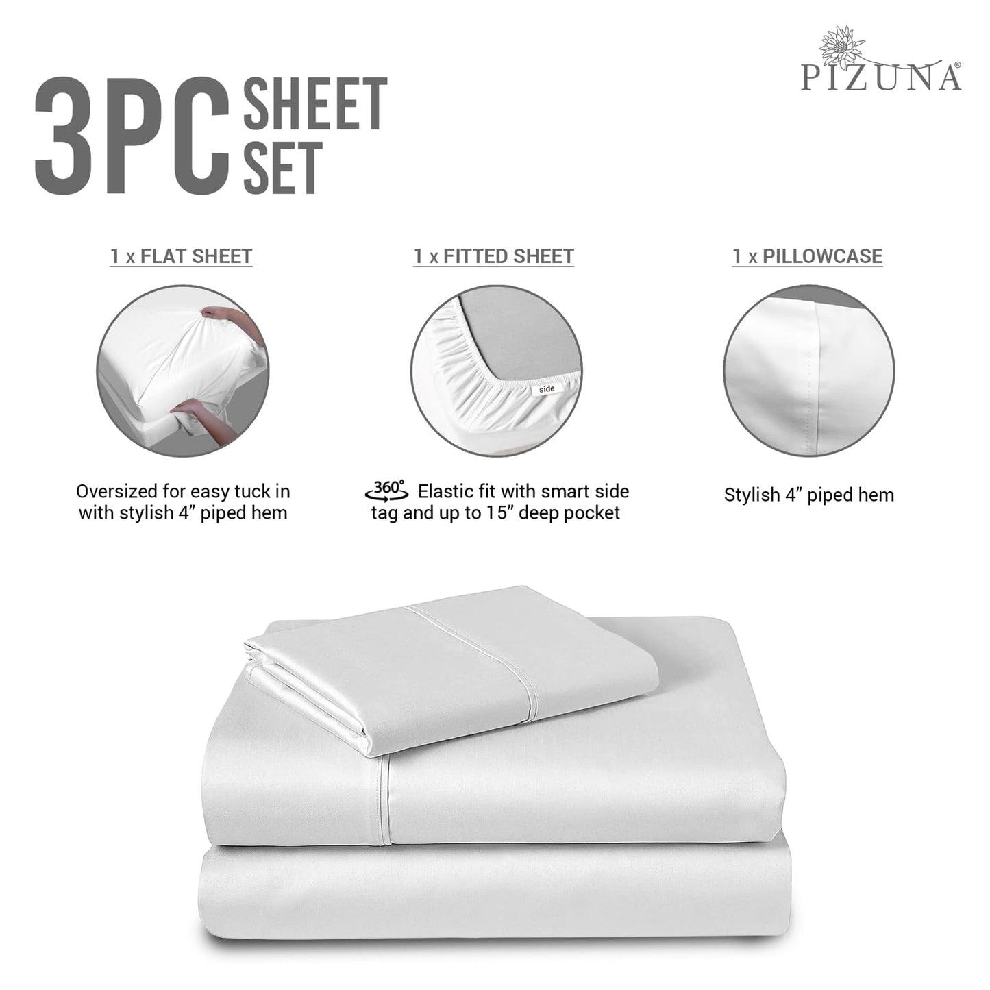 Pizuna 100% Cotton Sheet Set Twin Size Baby Blue, 600 Thread Count Long Staple Cotton Sateen Weave Crisp Sheet & Pillowcase Set, Deep Pocket Sheets Fits 15" (Combed Cotton Bed Sheet Set -3PC)