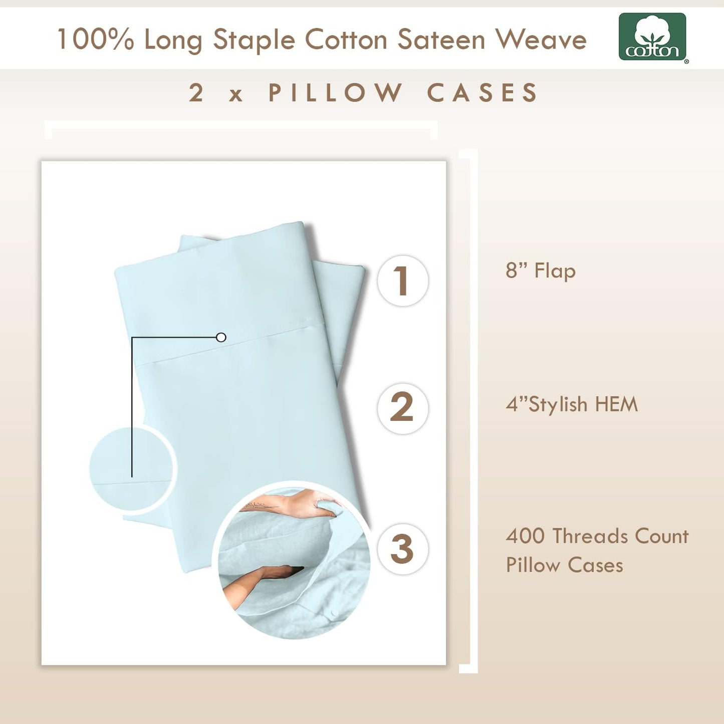 Pizuna Cotton Envelope Pillow Cases King Size Baby Blue, 400 Thread Count 100% Long Staple Combed Cotton Sateen Weave Soft Envelope Pillow Covers (Baby Blue King Size Envelope Pillow Cases - 2PC)