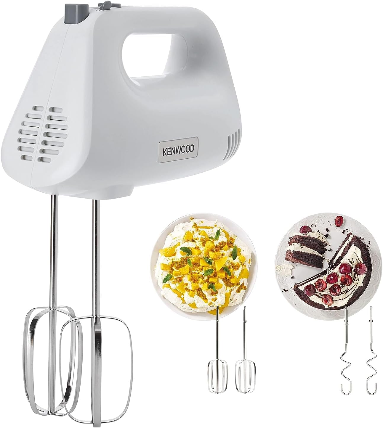 KENWOOD Hand Mixer (Electric Whisk) 300W with 5 Speeds + Turbo Button, Twin Stainless Steel Kneader and Beater for Mixing, Whipping, Whisking, Kneading HMP20.000WH White