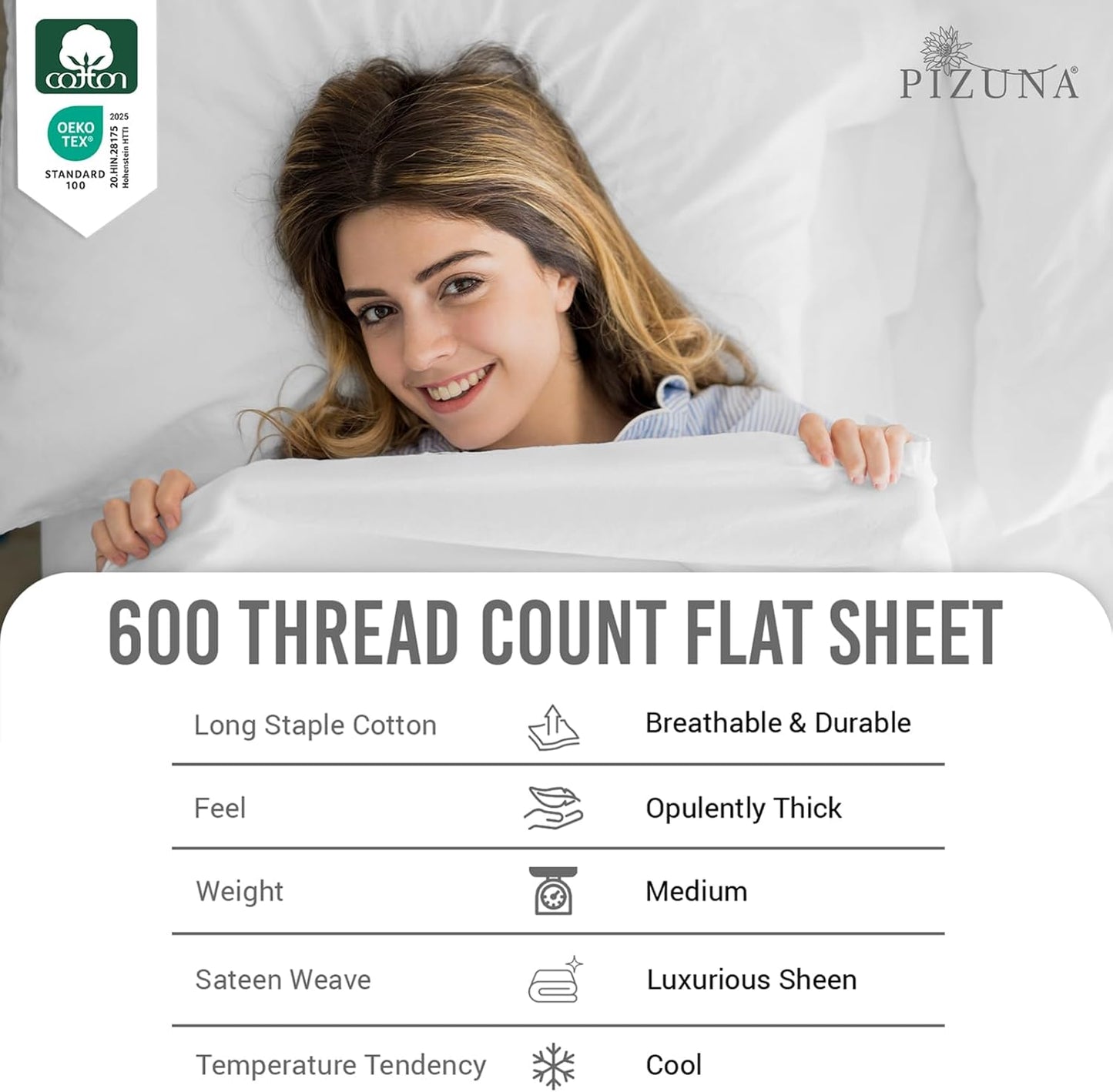 Pizuna Pure 100% Cotton Sheets Split King Size, 600 Thread Count Long Staple Cotton Crisp Sateen Sheets Split King with 15" Deep Pocket (Combed Black Cotton Sheets Split King)