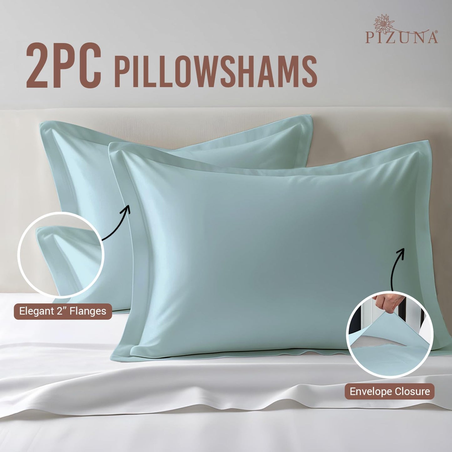 Pizuna Pure 100% Cotton Pillow Shams King Size Set of 2 Baby Blue, Luxurious 400 Thread Count Long Staple Cotton Sateen with Envelope Closure (Combed Baby Blue Cotton Pillow Shams King)