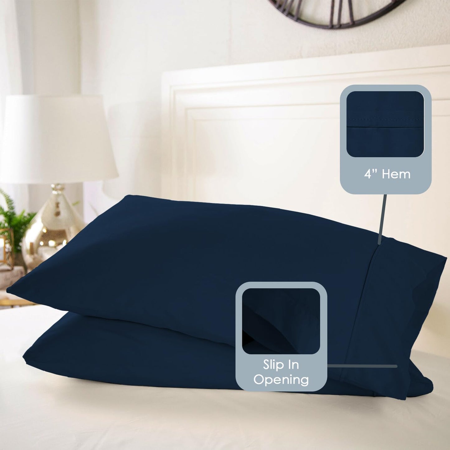Pizuna 100% Luxury Cotton King Size Pillow Case Dark Blue, 1000 Thread Count 100% Long Staple Cotton Sateen Pillowcase, Pillow Covers with Stylish 4" Hem (Combed Cotton King Pillowcase Set of 2)