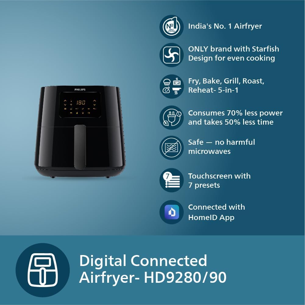 PHILIPS Digital XL Airfryer HD9280/90, 6.2 Ltr, (Wifi enabled), Touch Panel, 5000 Series XL (1.2kg), Rapid Air Technology