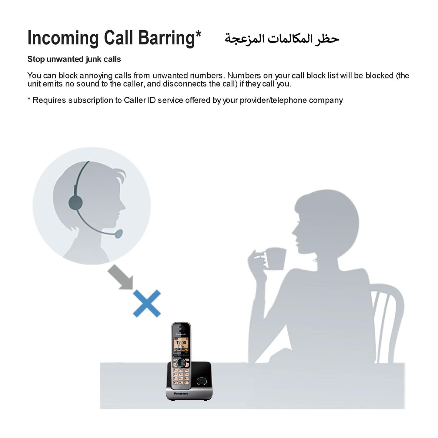 Panasonic Digital Cordless Phone with Call Blocking, Arabic language support, 1 Handset, UAE Certified - KX-TG6711UE1 (Black)