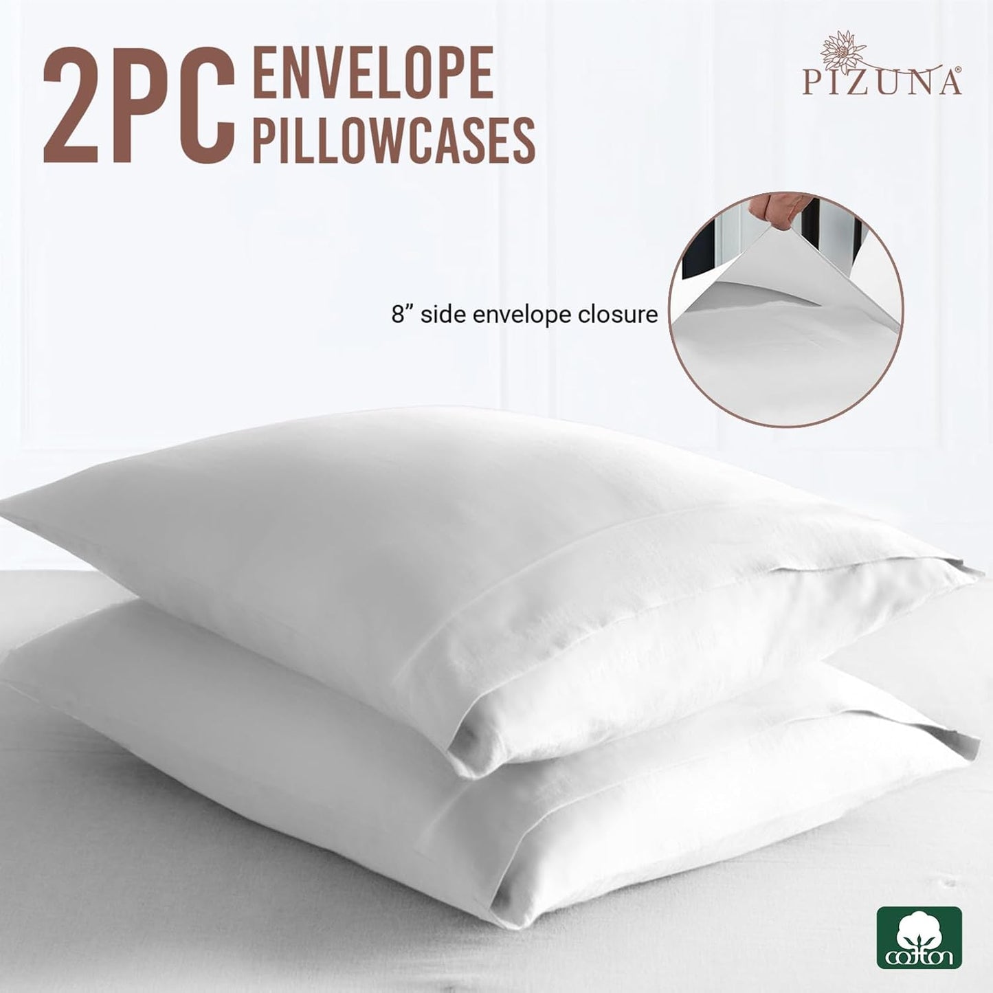 Pizuna 400 Thread Count Cotton-Envelope-Pillow-Cover Queen-Size 2 Pack White, 100% Long Staple Cotton Soft Sateen Weave Pillow-Covers-with-8inch-Flap