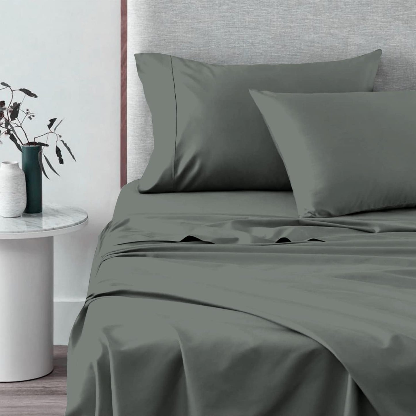 Pizuna Pure 100% Cotton Sheets Split King Size, 600 Thread Count Long Staple Cotton Crisp Sateen Sheets Split King with 15" Deep Pocket (Combed Black Cotton Sheets Split King)