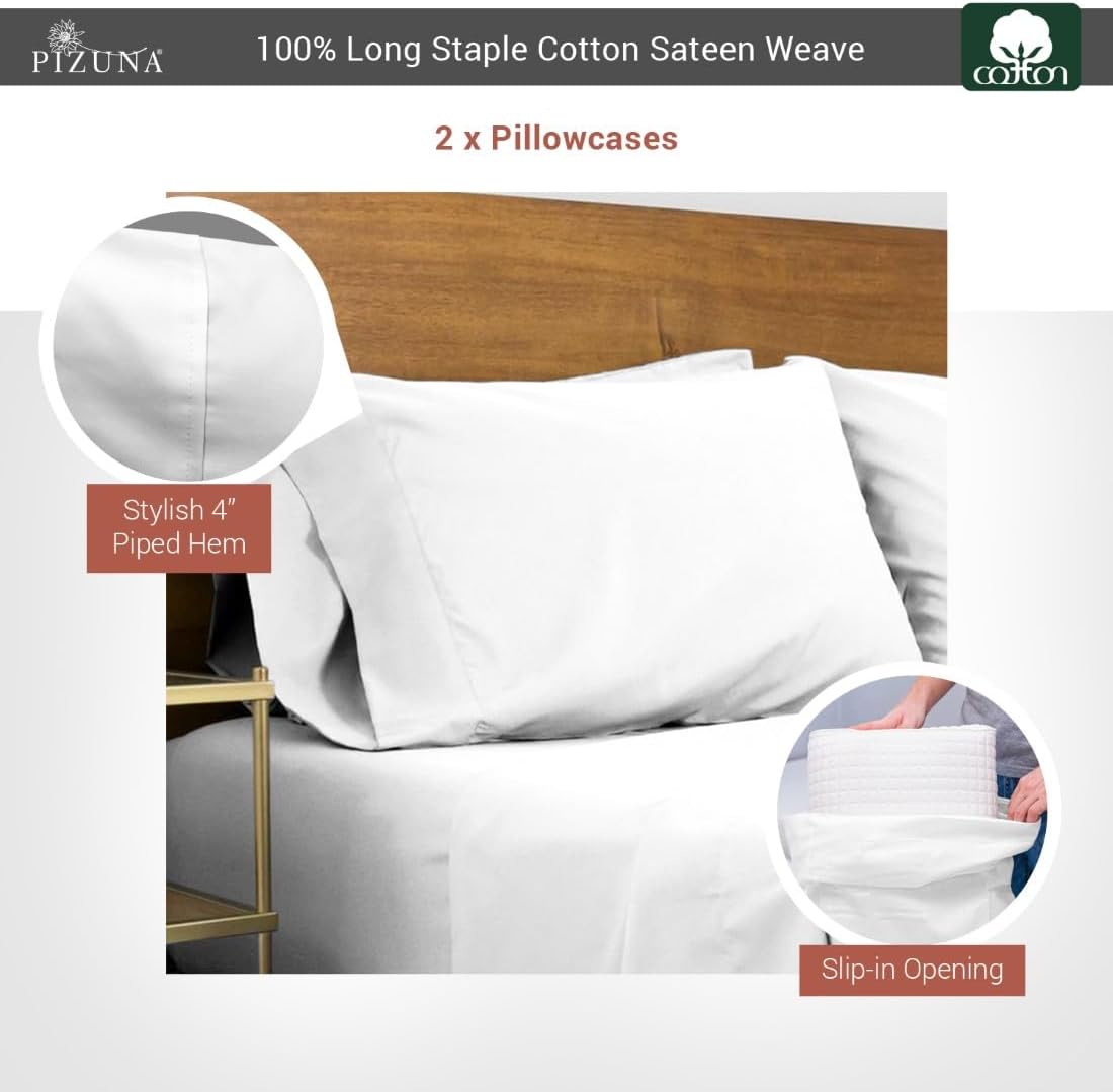 Pizuna 400 Thread Count Cotton Queen Pillowcases, Pure White, 100% Long Staple Cotton, Standard Size Set of 2, Cooling Pillow Cases with Stylish 4 inch Hem