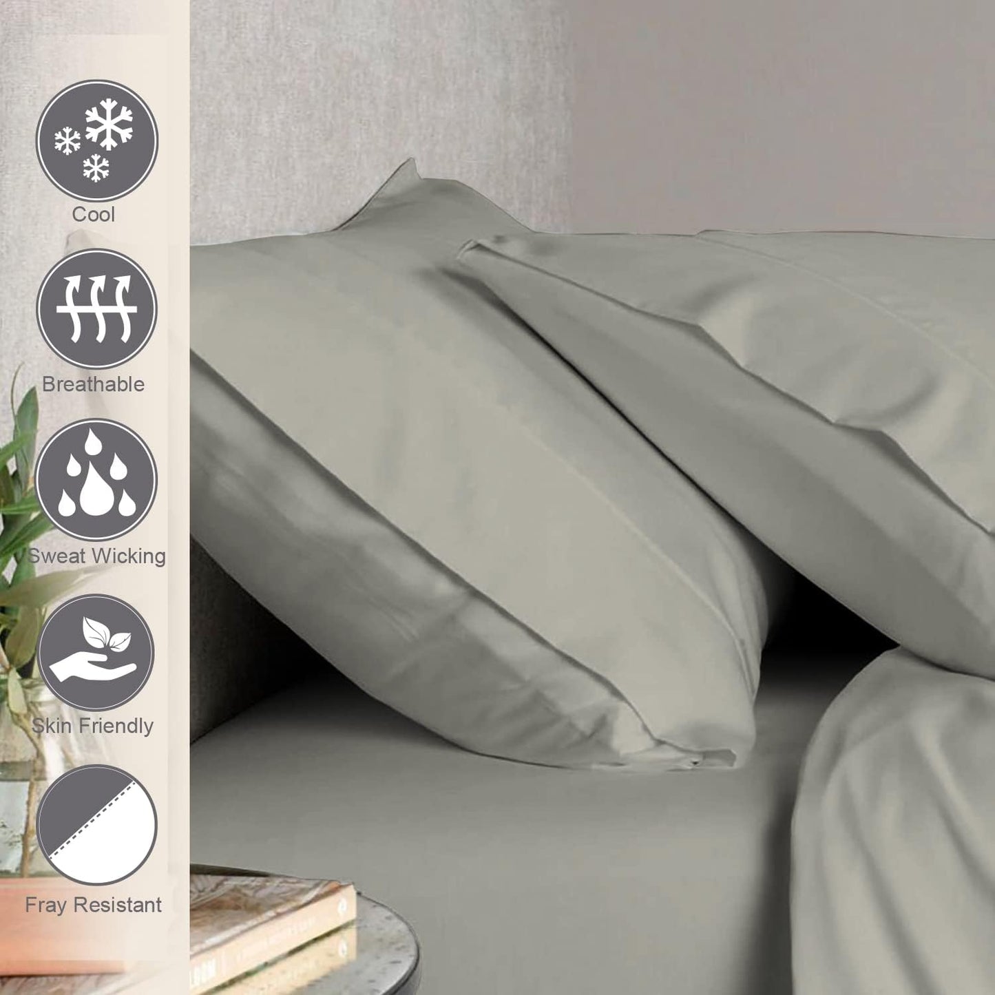 Pizuna Cotton Envelope Pillow Cases King Size Silver, 400 Thread Count 100% Long Staple Combed Cotton Sateen Weave Soft Envelope Pillow Covers (Silver King Size Envelope Pillow Cases - 2PC)