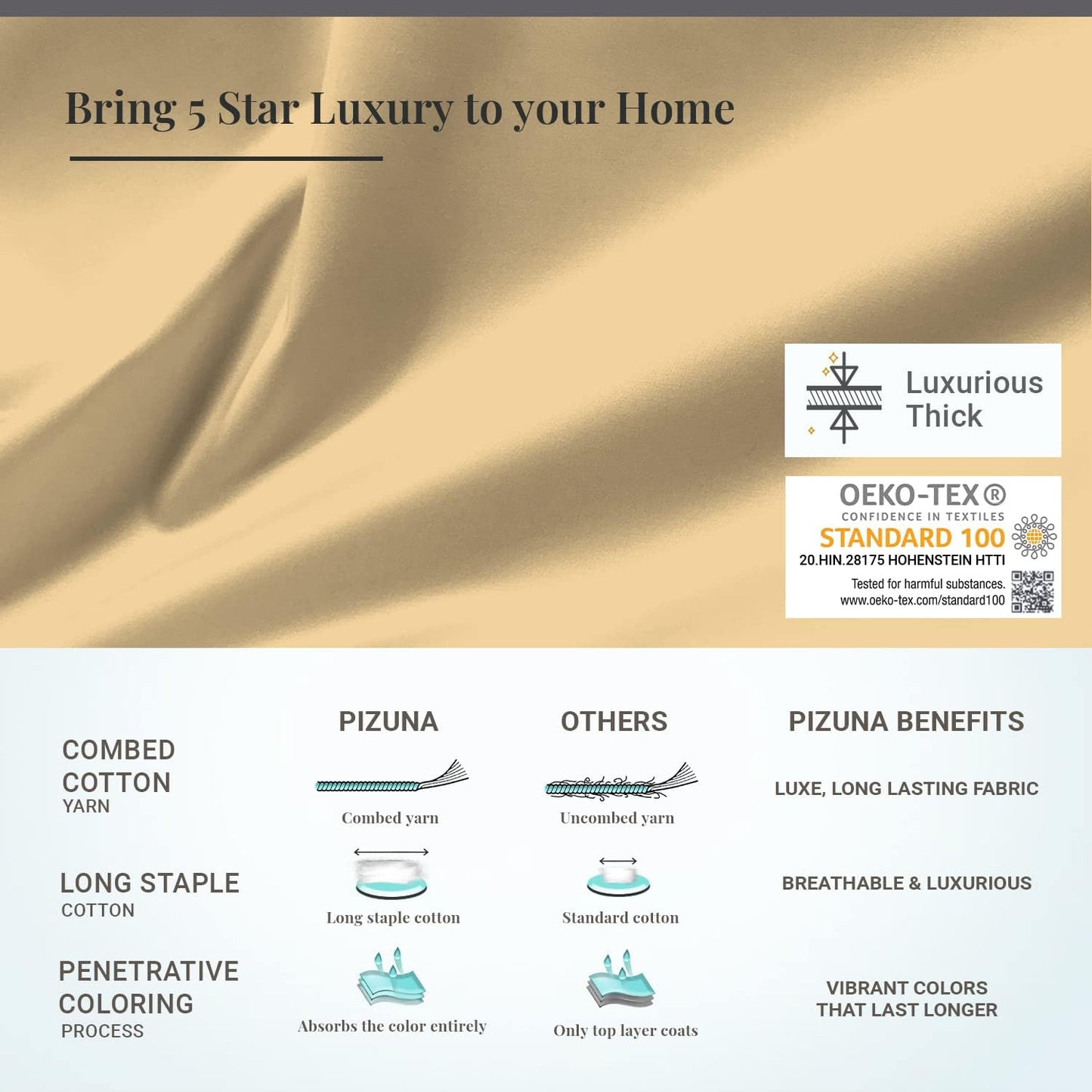 Pizuna Soft 100% Long Staple Cotton Breathable Cool Satin King Pillowcase Set of 2, Ivory, 18" x 18"