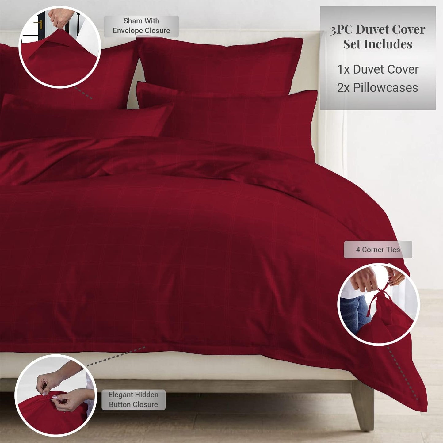 Pizuna Cotton Full Duvet Cover Set, 300 Thread Count Long Staple Cotton Sateen Weave with Button Closure (Combed Checks Luxury Red Cotton Duvet Cover Full)
