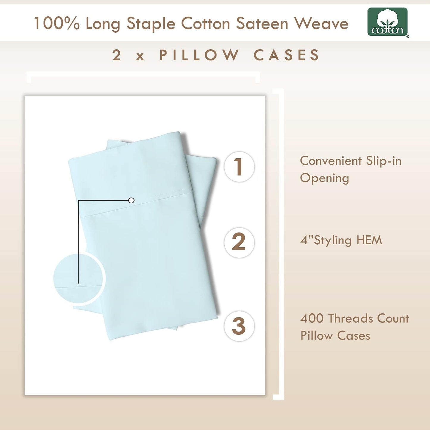 Pizuna Cotton King Size Pillow Case Baby Blue, 400 Thread Count 100% Long Staple Combed Cotton Sateen Pillowcase, Cooling Pillow Covers with Stylish 4 Inch Hem (Baby Blue King Pillowcase Set of 2)